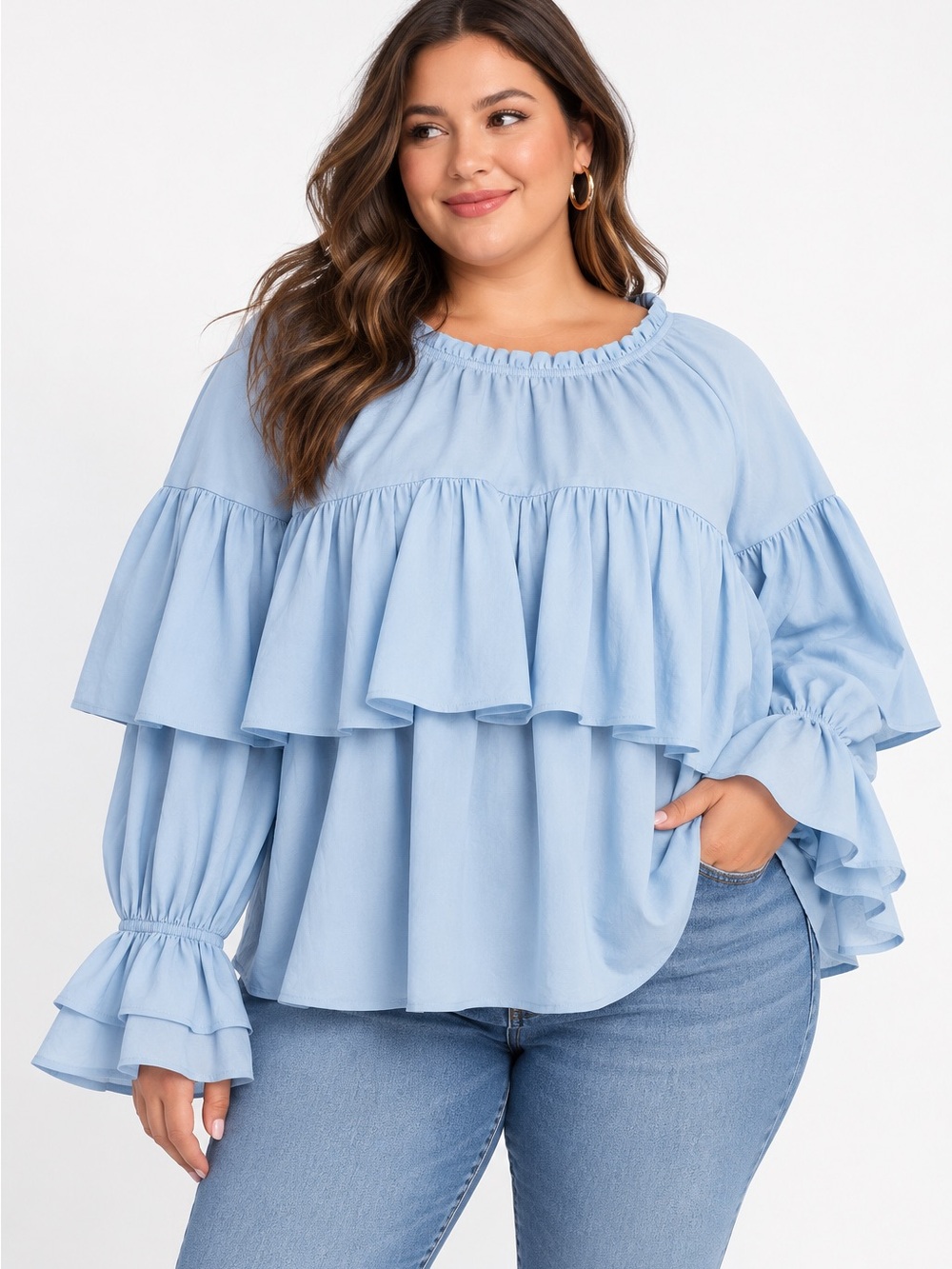 NWT The Drop Miriam Light Blue Ruffle Skyway Tiered Blouse Size: Plus 2X